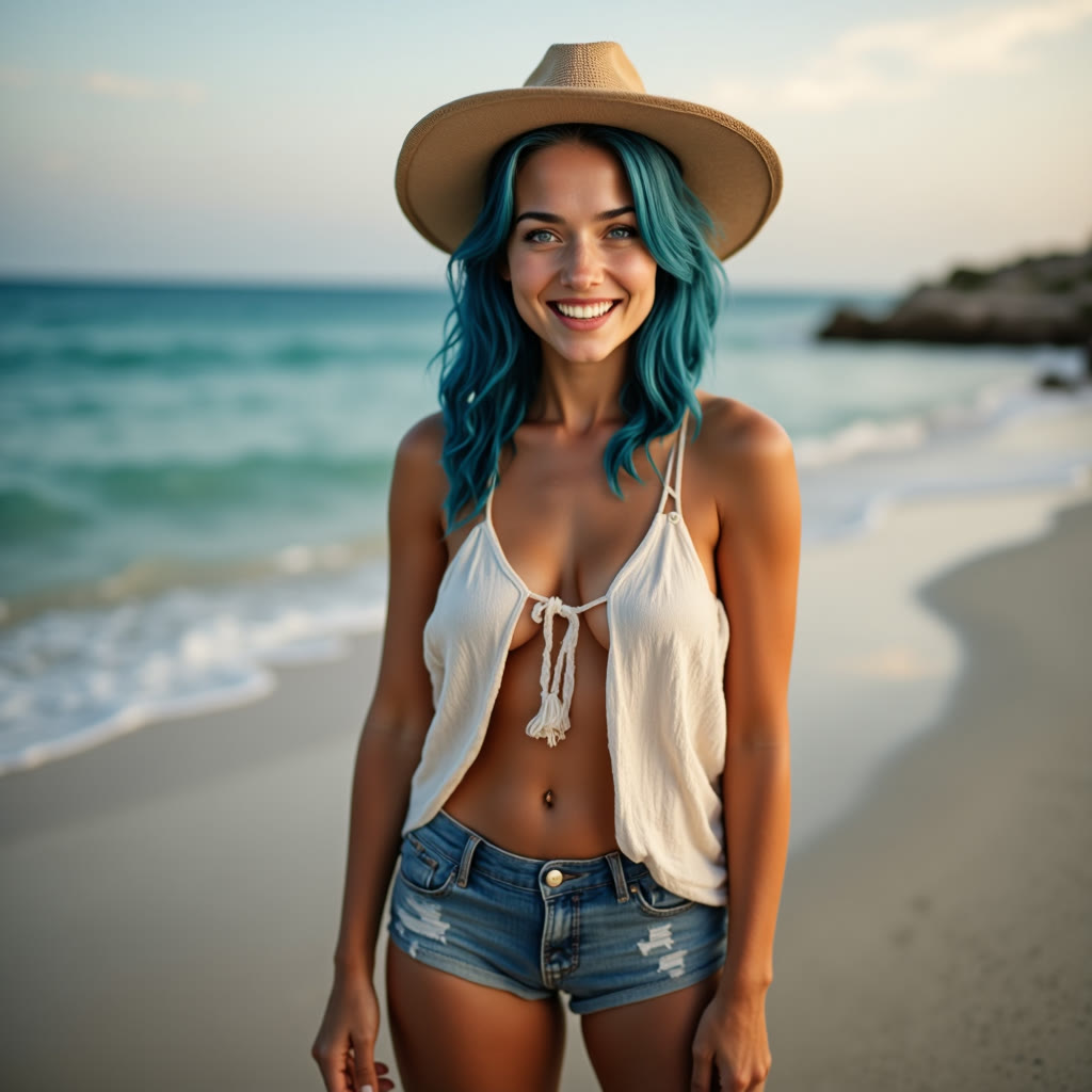 On the beach in a straw hat